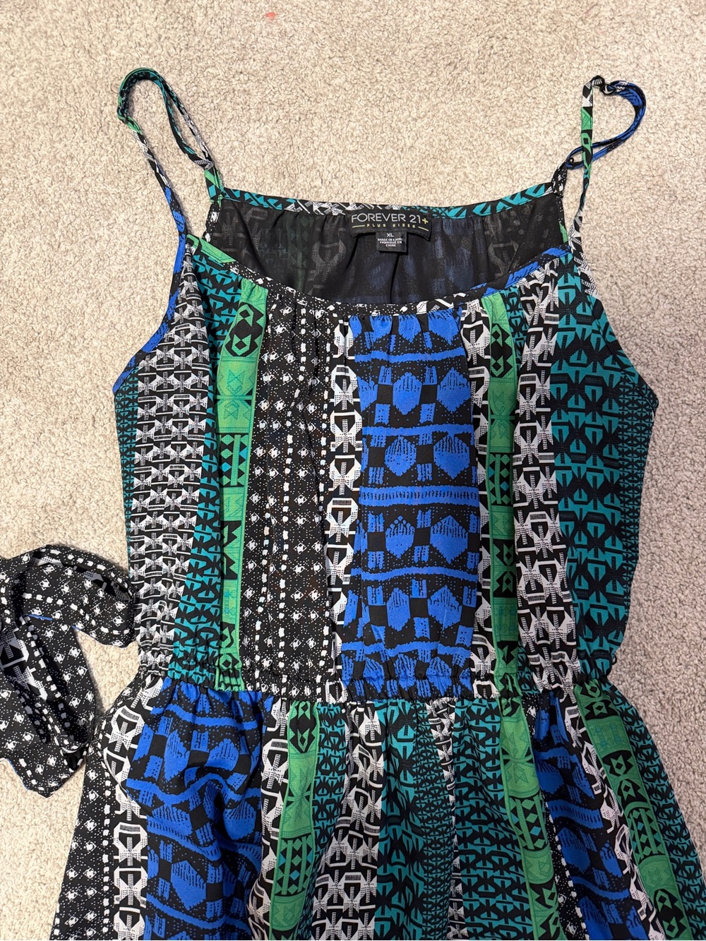 Forever 21 Blue, Green & Black Patterned Spaghetti-Strap Dress